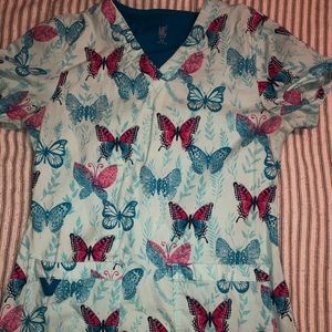 XS blue butterfly scrub top